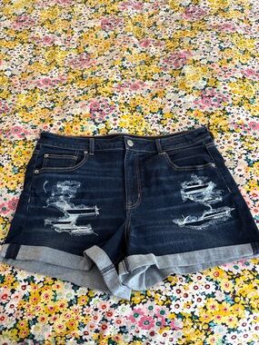 American Eagle Outfitters Dark Blue Distressed Rolled Cuff Jean Shorts